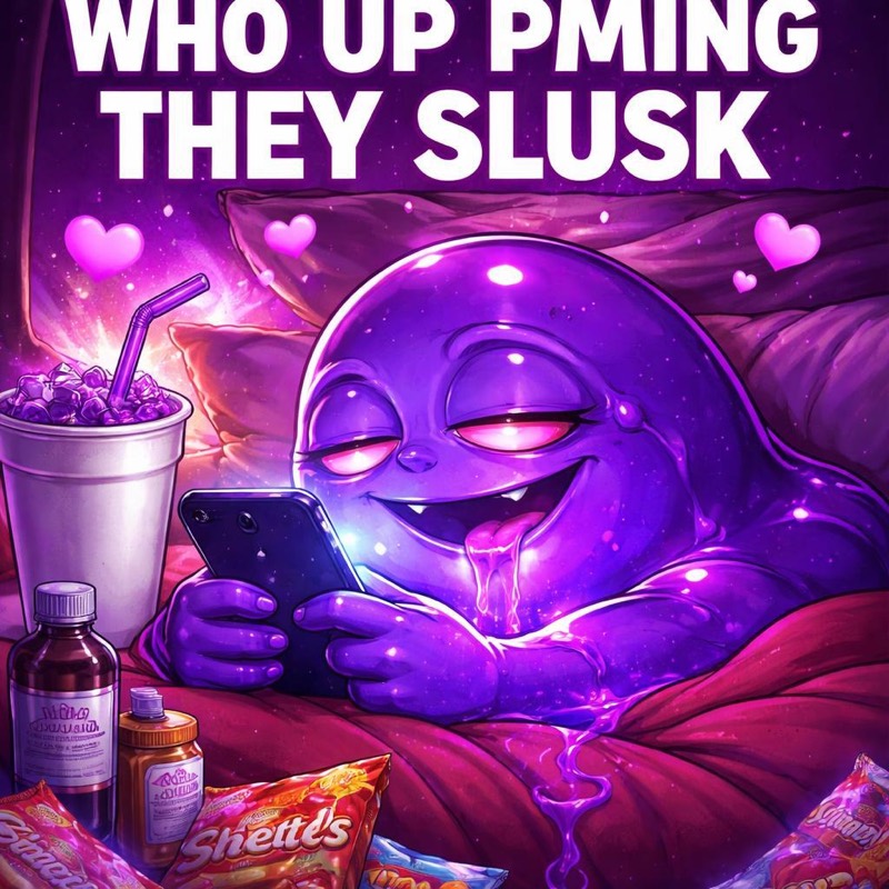 Slusk, a glittery purple slime, lies in bed at night grinning at a phone next to a purple slushie and snacks. Caption: WHO UP PMING, THEY SLUSK.